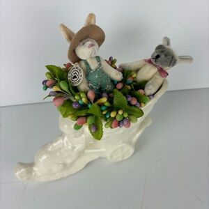 Vintage cherub/cart planter w/spring Decor/Bunnies-Easter/Cottagecore